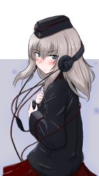 Rule 34 | 1girl, black hat, black jacket, blue eyes, blush, commentary, from side, garrison cap, girls und panzer, hat, headphones, highres, holding, insignia, itsumi erika, jacket, kuromorimine military uniform, long hair, long sleeves, looking at viewer, looking back, military, military hat, military uniform, miniskirt, pleated skirt, radio, red skirt, shichisaburo, silver hair, skirt, solo, standing, tearing up, throat microphone, uniform