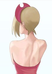 1girl back bare_shoulders blonde_hair commentary_request creatures_(company) from_behind game_freak hairband highres irida_(pokemon) mikan_(mikan_no_happa) nintendo pokemon pokemon_legends:_arceus red_shirt shirt short_hair shoulder_blades simple_background solo upper_body white_background