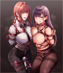 Rule 34 | 2girls, angry, arms behind back, asymmetrical docking, bdsm, black necktie, black pants, blush, bondage, bound, bound arms, bound legs, bound wrists, braid, braided ponytail, breast press, breasts, business suit, chain, chainsaw man, clenched teeth, code:074, collar, commentary request, femdom, formal, highres, large breasts, long hair, looking at viewer, makima (chainsaw man), mato seihei no slave, multiple girls, necktie, nipples, office lady, panties, panties under pantyhose, pants, pantyhose, red hair, red rope, restrained, ringed eyes, rope, shibari, shibari over clothes, shirt, shirt tucked in, suit, symmetrical docking, teeth, underwear, white shirt, yamashiro ren, yellow eyes