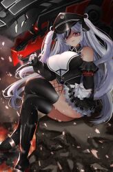 Rule 34 | 1girl, absurdres, azur lane, bare shoulders, black footwear, black thighhighs, boots, bow, breasts, chain, cross, cross-laced clothes, cross-laced legwear, dress, elbe (azur lane), frilled dress, frills, hat, highres, iron cross, large breasts, long hair, military hat, multicolored hair, peaked cap, rei tuki, rigging, solo, streaked hair, thighhighs, thighs, two-tone dress, white bow, white hair, zipper, zipper pull tab