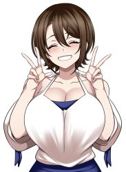 Rule 34 | 1girl, absurdres, bare shoulders, blue skirt, blush, breasts, brown hair, cleavage, closed eyes, collarbone, commentary request, double v, double w, grin, hair between eyes, halterneck, hands up, highres, hz (666v), large breasts, original, short hair, short sleeves, skirt, smile, tank top, v, w, white tank top, wide sleeves