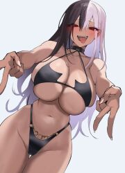 Rule 34 | 1girl, bare shoulders, bikini, black bikini, black hair, blush, breasts, cleavage, cowboy shot, highleg, highleg bikini, highres, huge breasts, indie virtual youtuber, large breasts, multicolored hair, navel, open mouth, pink hair, red eyes, satou daiji, simple background, solo, stomach, swimsuit, thigh gap, thighs, tongue, tongue out, towa (towa akqj10), two-tone hair, underboob, virtual youtuber
