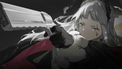 Rule 34 | arknights, artist request, black background, black gloves, gloves, grey eyes, grey hair, gun, handcannon, highres, holding, holding gun, holding weapon, irene (arknights), light frown, long sleeves, official art, pointing gun, puffy sleeves, scar, scar across eye, serious, simple background, weapon