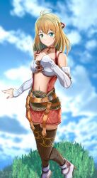 Rule 34 | 1girl, blonde hair, breasts, closed mouth, cloud, detached sleeves, feet out of frame, fiora (xenoblade), grass, green eyes, hair ribbon, highres, long hair, looking at viewer, medium breasts, midriff, miniskirt, navel, ribbon, samu poteto, skirt, smile, solo, thighhighs, xenoblade chronicles (series), xenoblade chronicles 1