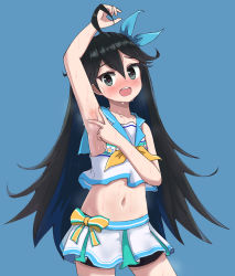 Rule 34 | ahoge, arezea, arm up, armpits, black hair, black shorts, blush, cheerleader, collarbone, counter:side, hair between eyes, heart, heart-shaped pupils, highres, long hair, navel, open mouth, shorts, sky layfield, spread armpit, star (symbol), sweat, symbol-shaped pupils