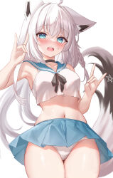 Rule 34 | 1girl, absurdres, ahoge, animal ear fluff, animal ears, aqua eyes, armpits, bare shoulders, black choker, black tail, blue sailor collar, blush, braid, breasts, choker, clothes lift, commentary request, cowboy shot, crop top, crop top overhang, cropped shirt, double fox shadow puppet, fox ears, fox girl, fox shadow puppet, fox tail, groin, hands up, hayasaka (a865675167774), highres, hololive, long hair, looking at viewer, medium breasts, miniskirt, navel, open mouth, paid reward available, panties, pentagram, pleated skirt, raised eyebrows, sailor collar, school uniform, serafuku, shirakami fubuki, shirt, side braid, simple background, single braid, skirt, skirt lift, sleeveless, sleeveless shirt, solo, stomach, sweatdrop, tail, teeth, thighs, two-tone tail, underwear, upper teeth only, virtual youtuber, white background, white hair, white panties, white tail
