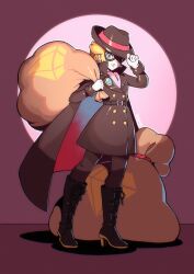 Rule 34 | 1girl, belt, black belt, black cape, black coat, black footwear, black hat, black mask, blonde hair, blue eyes, boots, buttons, cape, carrying over shoulder, coat, cross-laced footwear, dashing thief peach, earrings, eye mask, fedora, full body, gloves, hat, hat ribbon, hat tip, high collar, high heel boots, high heels, highres, holding, holding sack, jewelry, knee boots, long sleeves, looking at viewer, mario (series), nintendo, official alternate costume, princess peach, princess peach: showtime!, red cape, red ribbon, ribbon, sack, saiwo (saiwoproject), solo, sphere earrings, trench coat, two-sided cape, two-sided fabric, white gloves
