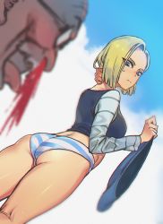 Rule 34 | 1boy, 1girl, android 18, ass, bad id, bad pixiv id, blonde hair, blood, blurry, chromatic aberration, depth of field, dragon ball, dragonball z, facial hair, flat ass, from behind, glasses, harabacho (gkfkqkch1), looking back, mustache, muten roushi, no pants, nosebleed, old, old man, panties, striped clothes, striped panties, underwear