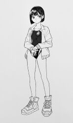 Rule 34 | 1girl, breasts, competition swimsuit, expressionless, full body, greyscale, highres, jacket, monochrome, one-piece swimsuit, open clothes, open jacket, original, own hands together, sakuma (skmsy34), shoes, short hair, simple background, small breasts, sneakers, solo, swimsuit