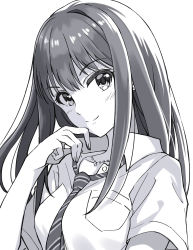 Rule 34 | 1girl, absurdres, dress shirt, greyscale, hand on own cheek, hand on own face, highres, idolmaster, idolmaster cinderella girls, jewelry, long hair, looking at viewer, monochrome, necklace, necktie, shibuya rin, shirt, short sleeves, simple background, smile, solo, tazu, upper body, white background