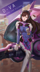 Rule 34 | 1girl, absurdres, acronym, against mecha, animal print, artist name, backlighting, blue bodysuit, bodysuit, breasts, brown eyes, brown hair, building, character name, clenched hands, clothes writing, covered navel, cowboy shot, d.va (overwatch), dated, facepaint, facial mark, gatling gun, gloves, headphones, high collar, highres, leaning forward, lips, long hair, looking at viewer, mecha, meka (overwatch), nose, outdoors, overwatch, overwatch 1, pilot suit, pink lips, rabbit print, ribbed bodysuit, robot, shoulder pads, signature, skin tight, skyscraper, small breasts, solo, standing, swept bangs, thigh gap, user zfaa4554, whisker markings, white gloves