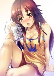 Rule 34 | 10s, 1girl, arm support, beer can, blush, breasts, brown hair, can, cleavage, collarbone, drink can, hair ornament, hairclip, himekawa yuki, idolmaster, idolmaster cinderella girls, knee up, legs, long hair, looking at viewer, medium breasts, ment, open mouth, orange eyes, shirt, short shorts, shorts, sitting, solo, tank top, thighs, yellow shirt