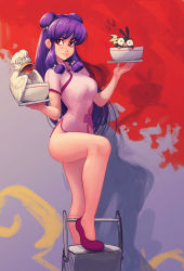 Rule 34 | 1girl, 2others, absurdres, bird, china dress, chinese clothes, commentary, double bun, dress, duck, english commentary, hair bun, hibiki ryouga, highres, holding, holding tray, long hair, looking up, mousse (duck) (ranma 1/2), mousse (ranma 1/2), multiple others, p-chan, parted lips, pig, purple hair, raichiyo33, ranma 1/2, red eyes, shampoo (ranma 1/2), smile, solo focus, tray