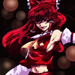 Rule 34 | 1girl, bow, detached sleeves, discharge cycle, female focus, hair bow, hakurei reimu, japanese clothes, long hair, midriff, miko, red eyes, red hair, solo, tobi (discharge cycle), touhou
