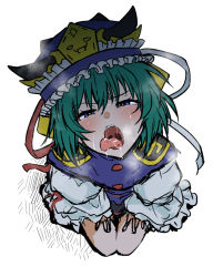 Rule 34 | 1girl, blue eyes, blue vest, blush, flat chest, frills, from above, furrowed brow, gold trim, green hair, hair between eyes, half-closed eyes, hat, head tilt, henriiku (ahemaru), looking at viewer, medium hair, open mouth, oral invitation, saliva, seiza, shiki eiki, simple background, sitting, sleeves past wrists, solo, tongue, tongue out, touhou, uvula, vest, white background