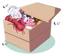 Rule 34 | 1girl, :t, antenna hair, black ribbon, blush, box, braid, chibi, closed mouth, colored shadow, commentary request, eating, floral print, flower, food, food on face, hair flower, hair ornament, hair ribbon, highres, in box, in container, in food, japanese clothes, kimono, kizuna akari, lobster, long hair, long sleeves, milkpanda, mini person, minigirl, print kimono, puffy cheeks, red flower, red kimono, ribbon, shadow, silver hair, solo, sweat, translation request, twin braids, very long hair, voiceroid, wavy mouth, white background, wide sleeves
