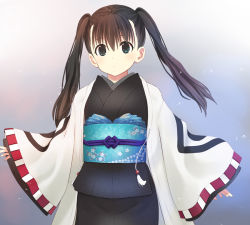 Rule 34 | 1girl, blush, flat chest, green eyes, japanese clothes, kimono, long hair, solo, toshiya, twintails