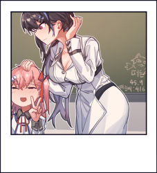 Rule 34 | 2girls, :d, aningay, black hair, blush, bow, breasts, chalkboard, cleavage, collared shirt, dress, girls&#039; frontline, hair between eyes, hair bow, hair ornament, hairclip, half-closed eyes, hand up, headpat, idw (girls&#039; frontline), jericho (girls&#039; frontline), leaning forward, long hair, long sleeves, medium breasts, multiple girls, neck ribbon, negev (girls&#039; frontline), negev (little drifter) (girls&#039; frontline), one eye closed, open mouth, photo (object), pink hair, red bow, red eyes, red ribbon, ribbon, shirt, smile, v, white dress, white shirt