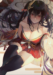 Rule 34 | 1girl, ahoge, azur lane, bare shoulders, black hair, black thighhighs, blush, breasts, cleavage, collarbone, crossed bangs, feathers, flight deck, hair between eyes, hair ribbon, hand up, highres, japanese clothes, kimono, kuroduki (pieat), large breasts, long hair, looking at viewer, mask, mask on head, obi, red eyes, red kimono, red ribbon, ribbon, rigging, sash, sitting, smile, solo, striped ribbon, taihou (azur lane), thighhighs, twintails, very long hair