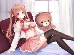 Rule 34 | 1girl, backlighting, bare shoulders, bed sheet, black thighhighs, bow, breasts, brown hair, cleavage, crop top, curtains, day, feet out of frame, frilled skirt, frills, hair bow, highres, karin (fineyanny), long hair, looking at viewer, medium breasts, midriff, navel, off shoulder, open clothes, open shirt, original, pillow, pink skirt, pleated skirt, red bow, red eyes, shirt, skirt, solo, stuffed animal, stuffed toy, sunlight, teddy bear, thighhighs, transparent, twintails, very long hair, white shirt, window