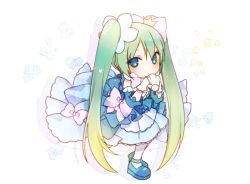 Rule 34 | 1girl, blue dress, blue eyes, blue footwear, blue hair, blush, bow, chibi, crown, cup, dress, dress bow, drinking, flower, full body, gloves, hair bow, hair flower, hair ornament, hatsune miku, holding, holding cup, layered dress, long hair, looking at viewer, lpip, mary janes, matching hair/eyes, pantyhose, petals, pink bow, shoes, simple background, solo, standing, very long hair, vocaloid, white background, white gloves, white pantyhose