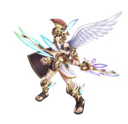Rule 34 | 1boy, armband, armor, feathered wings, feathers, full body, helmet, hirooka masaki, kid icarus, kid icarus uprising, lowres, male focus, nintendo, official art, pit (kid icarus), sandals, shield, solo, toga, weapon, white background, wings