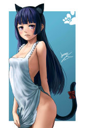Rule 34 | 1girl, 3:, animal ears, apron, blue hair, blush, breasts, cat ears, cat tail, cleavage, collarbone, covered erect nipples, dated, face, female focus, fingernails, gokou ruri, highres, lasterk, lips, long hair, looking at viewer, mole, mole under eye, naked apron, ore no imouto ga konna ni kawaii wake ga nai, purple eyes, ribbon, signature, simple background, small breasts, solo, standing, tail, tail ornament, tail ribbon, thighs