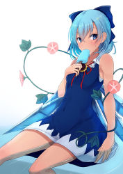 Rule 34 | 1girl, arm at side, bare shoulders, blue bow, blue dress, blue eyes, blue hair, blush, bow, breasts, cirno, covered navel, detached wings, dress, eating, flower, food, hair between eyes, hair bow, holding, holding food, ice, ice wings, leaf, looking at viewer, opanchu (pixiv259683), pinafore dress, plant, popsicle, red ribbon, ribbon, short hair, simple background, sitting, sleeveless, sleeveless dress, small breasts, solo, sunflower, sweat, tan, tanned cirno, touhou, tsurime, vines, water, white background, wings