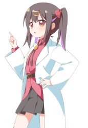 Rule 34 | 1girl, :o, belt, black belt, black hair, black skirt, bolo tie, brown eyes, coat, collared shirt, commentary, cowboy shot, hair ornament, hair ribbon, hairclip, hand on own hip, haru (konomi 150), highres, index finger raised, lab coat, long sleeves, looking at viewer, medium hair, multicolored hair, one side up, onii-chan wa oshimai!, open mouth, orange eyes, oyama mihari, pleated skirt, pointing, purple hair, red ribbon, red shirt, ribbon, shirt, sidelocks, simple background, skirt, solo, standing, twintails, two-tone hair, white background, white coat, wing collar