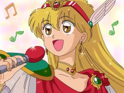 Rule 34 | 1990s (style), 1girl, :d, akazukin chacha, blonde hair, bracelet, brown eyes, earrings, emerald (stone), female focus, gem, hair between eyes, hairband, happy, head wings, holding, holding microphone, jewelry, long hair, magical princess, microphone, music, musical note, neck, neck ring, open mouth, red gemstone, retro artstyle, ring, singing, smile, solo, sparkle, upper body, wings