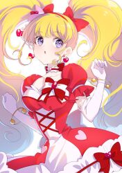 Rule 34 | :o, blonde hair, bow, bracelet, breasts, choker, cure miracle, cure miracle (ruby style), dress, earrings, elbow gloves, gloves, hat, hat ornament, heart, heart earrings, heart hat ornament, highres, jewelry, magical girl, mahou girls precure!, medium breasts, mini hat, mini witch hat, osarutukamaeru, pink hat, precure, purple eyes, red bow, red dress, striped, striped bow, twintails, white gloves, witch hat