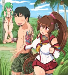 Rule 34 | 10s, 1boy, 2girls, arm grab, artist self-insert, bad id, bad pixiv id, bare shoulders, bikini, black bikini, blue eyes, breasts, cheating (relationship), cherry blossoms, cleavage, coconut tree, crossover, day, detached sleeves, frog hair ornament, green hair, hair ornament, hair tubes, highres, jewelry, kantai collection, kochiya sanae, large breasts, long hair, multiple girls, palm tree, panties, ponytail, purple eyes, ring, shin&#039;en-san (shin&#039;en), shin&#039;en (gyokuro company), shorts, single thighhigh, skirt, snake hair ornament, striped clothes, striped panties, sweatdrop, swimsuit, tattoo, tears, thighhighs, touhou, tree, underwear, very long hair, wedding band, wedding ring, yamato (kancolle)