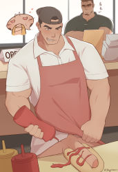 Rule 34 | 2boys, absurdres, angry, apron, backwards hat, bad id, bad pixiv id, bara, baseball cap, blush, bottomless, collared shirt, crossed arms, employee uniform, feiya6022, food, foreskin, frown, hat, highres, ketchup, large pectorals, male focus, multiple boys, muscular, muscular male, no male underwear, original, pectorals, red apron, sausage, shirt, short hair, sideburns, translation request, uncensored, uniform