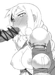 Rule 34 | 1girl, agrias oaks, armor, blush, braid, breasts, breasts out, censored, ear blush, elbow pads, fellatio, final fantasy, final fantasy tactics, full-face blush, greyscale, heavy breathing, hetero, large breasts, long hair, monochrome, nipples, oral, pauldrons, penis, pointless censoring, saliva, shoulder armor, single braid, solo focus, tongue, tsukudani (coke-buta)