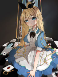 Rule 34 | 1girl, alice (alice in wonderland), alice (grimlight), alice in wonderland, apron, black bow, black bowtie, black hairband, black ribbon, blonde hair, blue dress, blue eyes, bow, bowtie, buttons, card, dress, eyes visible through hair, floor, frills, grey apron, grimlight, hair between eyes, hairband, heart, heart print, highres, indoors, long hair, looking to the side, mirror, nemu (pixiv 79653882), open mouth, playing card, puffy short sleeves, puffy sleeves, ribbon, short sleeves, sitting, solo, wall
