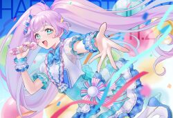 Rule 34 | 1girl, ahoge, aqua dress, aqua eyes, balloon, blue bow, blue sky, blurry, blush, boots, bow, bowtie, commentary request, confetti, day, dress, english text, frills, hair bow, hair ornament, happy birthday, high heel boots, high heels, highres, holding, holding microphone, idol, long hair, looking at viewer, manaka laala, microphone, music, nanceee 305, open mouth, outstretched arm, plaid, plaid bow, pretty series, pripara, puffy short sleeves, puffy sleeves, purple hair, reaching, reaching towards viewer, ribbon, scrunchie, see-through, see-through sleeves, short sleeves, singing, skirt, sky, smile, solo, standing, twintails, very long hair, wrist scrunchie