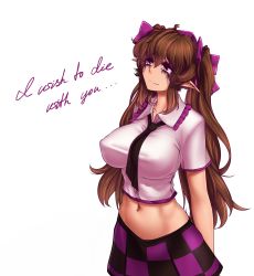 Rule 34 | 1girl, arms behind back, black necktie, breasts, brown hair, checkered clothes, checkered skirt, covered erect nipples, crying, crying with eyes open, ear piercing, english text, hair ribbon, hata-tan (rui (hershe)), hater (hatater), highres, himekaidou hatate, large breasts, long hair, makeup, midriff, navel, navel piercing, necktie, piercing, pointy ears, ribbon, runny makeup, short sleeves, simple background, skirt, solo, tears, touhou, white background, wing collar