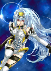 Rule 34 | 1girl, android, blue hair, breasts, chokokurimo, commentary, cyborg, english commentary, forehead protector, gloves, kos-mos, long hair, lowres, red eyes, solo, thighhighs, very long hair, xenosaga