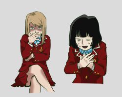 Rule 34 | 2girls, black hair, blazer, blonde hair, blue bow, blue bowtie, bow, bowtie, character request, closed eyes, commentary, covering own mouth, crossed legs, english commentary, grey background, hand over own mouth, highres, jacket, kyokyeo, long hair, long sleeves, mob psycho 100, multiple girls, open mouth, pleated skirt, red jacket, red skirt, school uniform, shaded face, short hair, simple background, sitting, skirt, sweat