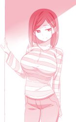 Rule 34 | 1girl, breasts, contrapposto, cowboy shot, denim, hair ornament, hairclip, himura kiseki, jeans, large breasts, looking to the side, monochrome, pants, red theme, shirt, short hair, smile, solo, standing, striped clothes, striped shirt