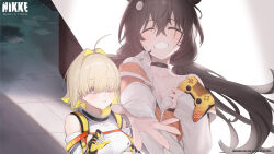 Rule 34 | 2girls, absurdres, ahoge, artist request, blonde hair, brown hair, closed eyes, clothing cutout, commentary, controller, cropped, cropped jacket, elegg (nikke), english commentary, food, game controller, goddess of victory: nikke, hair between eyes, hair intakes, hair over one eye, highres, holding, holding controller, holding game controller, jacket, kamaboko, long hair, long sleeves, looking at another, medium hair, multiple girls, narutomaki, official art, purple eyes, reaching, reaching towards viewer, second-party source, shorts, shoulder cutout, sitting, smile, trony (nikke), twintails, white shorts