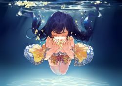Rule 34 | 10s, 1girl, air bubble, aloin.g, bare shoulders, breasts, bubble, cleavage, collarbone, day, detached sleeves, closed eyes, flower, freediving, frilled sleeves, frilled swimsuit, frills, full body, glowing, hands on own face, hanging breasts, light rays, long hair, long sleeves, love live!, love live! school idol festival, love live! school idol project, medium breasts, perspective, petals, purple hair, solo, submerged, sunlight, swimming, swimsuit, thigh gap, thighhighs, tojo nozomi, twintails, underwater, white thighhighs, wide sleeves, yellow flower