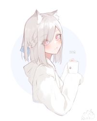 Rule 34 | 1girl, :q, animal ear fluff, animal ears, blue background, blue ribbon, blush, braid, closed mouth, commentary, cropped torso, cup, dated, drawstring, grey hair, hair between eyes, hair ribbon, hands up, highres, hood, hood down, hoodie, licking lips, long sleeves, looking at viewer, looking to the side, mayogii, mug, original, pink eyes, revision, ribbon, signature, sleeves past fingers, sleeves past wrists, smile, solo, tongue, tongue out, two-tone background, upper body, white background, white hoodie