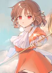 Rule 34 | 1girl, absurdres, bad id, bad pixiv id, bow, brown hair, cloud, half updo, highres, holding, holding wand, huge filesize, jewelry, long sleeves, looking ahead, necklace, omodaka romu, open mouth, original, red eyes, red shirt, red skirt, scarf, shirt, short hair, skirt, skirt set, sky, upper body, waist bow, wand