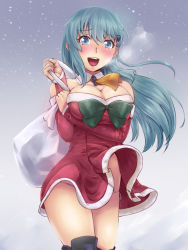 Rule 34 | 10s, 1girl, :d, ascot, blush, bow, breasts, carrying, christmas, christmas tree hair ornament, cleavage, clothes lift, detached sleeves, dress, dress lift, hair ornament, ishii hisao, kantai collection, long hair, looking at viewer, off-shoulder dress, off shoulder, open mouth, panties, red dress, sack, side-tie panties, smile, snowing, solo, steam, suzuya (kancolle), underwear, wind, wind lift