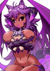 Rule 34 | absurdres, black sclera, blush, breasts squeezed together, breasts, colored sclera, commission, dark skin, dragon girl, dragon wings, gs16 (chug), highres, horns, hug, hug from behind, jourjii, large breasts, long hair, midriff, original, stuffed toy, purple eyes, purple hair, scales, sparkle, thick thighs, thighs, unusual pupils, wings