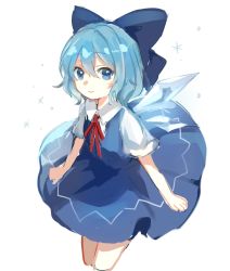Rule 34 | 1girl, blue bow, blue dress, blue eyes, bow, cirno, collar, dress, hair between eyes, hair bow, looking at viewer, neck ribbon, paragasu (parags112), red ribbon, ribbon, short hair, short sleeves, sidelocks, simple background, smile, snowflakes, solo, touhou, white background