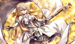 Rule 34 | 1girl, armor, armored dress, banner, bare shoulders, black gloves, black thighhighs, blonde hair, blue eyes, blurry, blurry background, blush, breasts, chain, cleavage, cleavage cutout, closed mouth, clothing cutout, collarbone, commentary request, dress, elbow gloves, elbow pads, fate/grand order, fate (series), faulds, floating hair, fur-trimmed gloves, fur-trimmed legwear, fur trim, gabiran, gauntlets, gloves, greaves, headpiece, holding, holding polearm, holding spear, holding weapon, jeanne d&#039;arc (fate), jeanne d&#039;arc (ruler) (fate), jeanne d&#039;arc (third ascension) (fate), leg up, lens flare, light particles, light trail, long dress, long hair, looking at viewer, medium breasts, orange background, orange ribbon, outstretched arm, plackart, polearm, ribbon, sheath, sheathed, smile, solo, spear, standard bearer, sword, thighhighs, underbust, very long hair, weapon, white dress, wind, yellow background