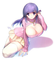 Rule 34 | 1girl, artist name, bad id, bad pixiv id, breasts, cleavage, cleavage cutout, clothing cutout, fate/stay night, fate (series), hair ribbon, huge breasts, jewelry, long hair, looking at viewer, matou sakura, matsuki ringo, meme attire, open-chest sweater, pendant, purple eyes, purple hair, ribbed sweater, ribbon, shadow, skirt, smile, solo, sweater, thighhighs, turtleneck