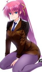 Rule 34 | 1girl, blue eyes, braid, closed mouth, engo (aquawatery), hair ribbon, long hair, looking at viewer, lyrical nanoha, mahou shoujo lyrical nanoha strikers, military uniform, pantyhose, ponytail, purple hair, purple pantyhose, ribbon, signum, simple background, solo, tsab ground military uniform, white background